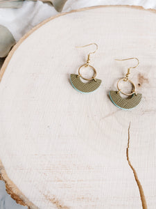 Olive Green Leather and Brass Ring Earrings