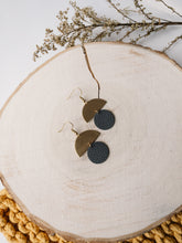 Load image into Gallery viewer, Dark Grey Leather Small Circle &amp; Brass Half Circle Stacked Earrings
