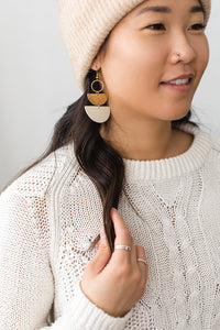 Beige Leather and Brass Half Moon Stacked Earrings