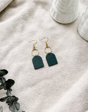 Load image into Gallery viewer, Dark Green Leather with Brass Circle Earrings
