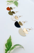 Load image into Gallery viewer, White and Gold Fleck Leather &amp; Brass Stacked Half Moon Dangle Earrings
