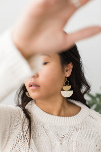 Beige Leather and Brass Half Moon Stacked Earrings