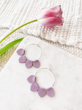Load image into Gallery viewer, Lavender Purple Leather Petal Hoop Earrings.
