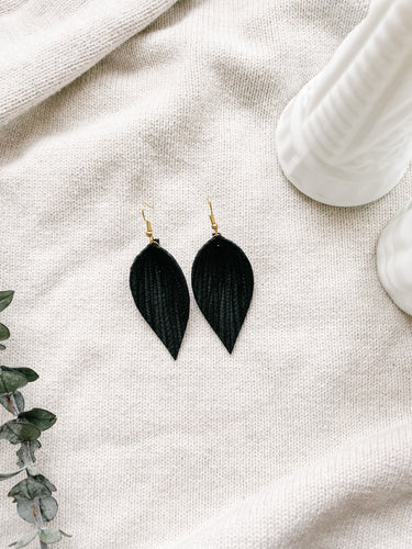 textured black leather leaf earrings