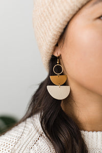 Beige Leather and Brass Half Moon Stacked Earrings