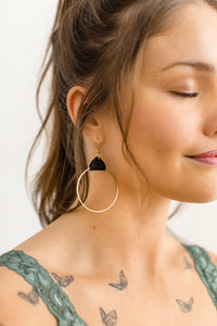 Distressed Black Leather & Brass Circle Earrings