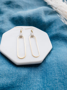 Cream Leather & Brass Oval Accent Earrings