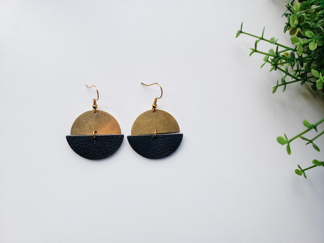 Black Leather Half Moon & Brass Half Moon Dangle Earrings