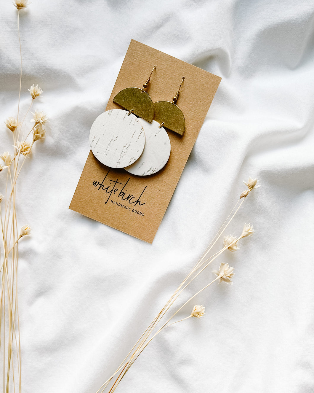 White Cork Leather Disc & Brass Half Moon Stacked Dangle Earrings