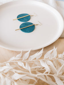 Ocean Blue Teal Leather Disc and Brass Bar Earrings