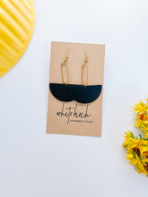 Load image into Gallery viewer, Black Leather &amp; Brass Oval Earrings
