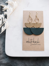 Load image into Gallery viewer, Dark Green Leather &amp; Brass Stacked Half Moon Dangle Earrings
