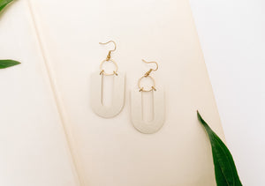 White Corn Colour U-Shaped Leather & Brass Ring Earrings