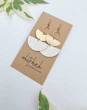 Load image into Gallery viewer, White and Gold Fleck Leather &amp; Brass Stacked Half Moon Dangle Earrings
