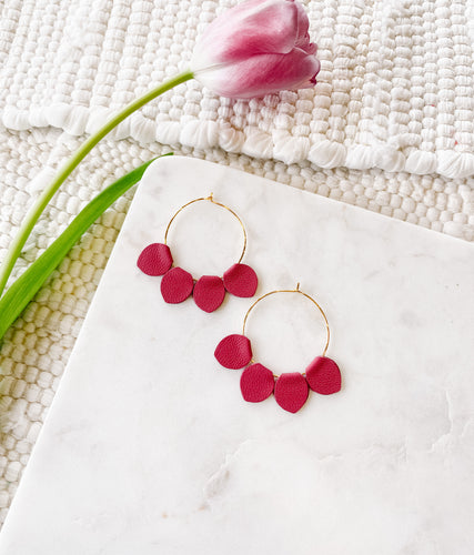 Raspberry Pink Leather Petal Hoop Earrings