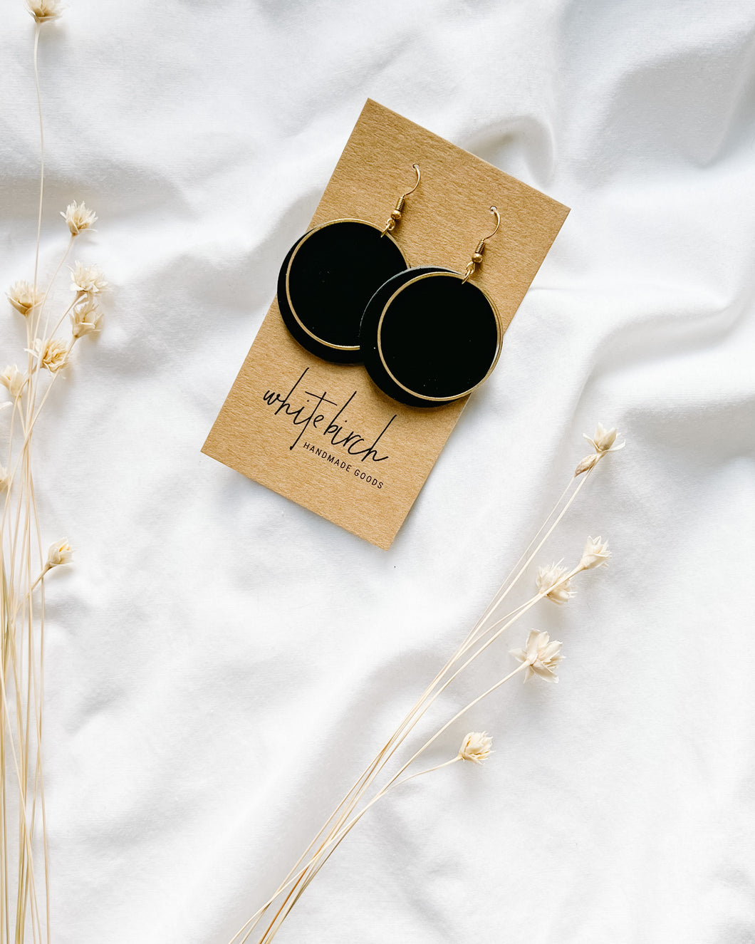Black Leather Disc & Brass Circle Earrings.